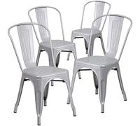 Flash Furniture Luke - Juego de 4 sillas apilables de Metal Plateado para Interiores y Exteriores