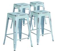 Flash Furniture Paquete de 4 taburetes de Metal Envejecido de Grado Comercial de 24 Pulgadas de Alto sin Respaldo para Interiores y Exteriores, plástico, Hierro, Verde y Azul, Juego de 4