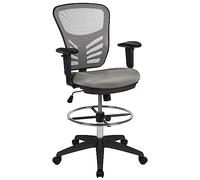 Flash Furniture, Silla ergonómica para Dibujo Tyler de Respaldo Medio en Malla Gris Claro con Anillo de pie Cromado Ajustable, Brazos Ajustables y Marco Negro