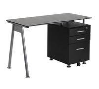 Flash Muebles Escritorio para Ordenador con Tres cajones Pedestal, Metal, Cristal Negro/Marco Plateado, 128.27 X 67.31 x 13,97 cm