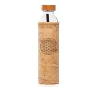 FLASKA | Botella de Agua de Vidrio | 750ml | Sin BPA | Tapa a Rosca | Funda de corcho | Ideal para Deporte, Oficina, Yoga | Estructura el Agua | Flor de la Vida