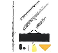 flauta travesera Flauta De Concierto De Cobre Blanco Con Llave C, 16 Orificios Cerrados, Instrumento De Viento De Madera Transversal Con Llave E, Accesorios Para Cajas(Silver)