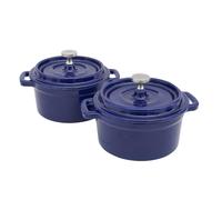 Flavehc Mini Cocotte - Mini horno holandés de 16 onzas, 0.5 cuartos de galón, asador de ajo de hierro fundido para horno, olla confitada, ramequines con tapas, apto para horno, juego de 2, azul