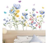 Flaxarne Vinilos de Pared Flores Coloridas y Mariposas - Pegatina Autoadhesiva Jardín, Césped, Decoración Salón, Dormitorio, Fondo TV, Vinilo Extraíble