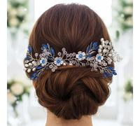 Flayem Accesorios para el Cabello de Boda Azul, Diadema de Hoja de Cristal Nupcial, Tocado de Diamantes de imitación