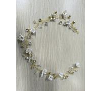 Flayem Accesorios para el Cabello de Novia Collar para el Cabello con Cuentas Doradas con Flores Blancas y Cristales Accesorio para el Cabello de Boda