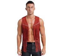 Fldy Chaleco de ante para hombre, con flecos, sin mangas, chaleco de vaquero, chaleco indio, con flecos, retro, bohemio, hippie, disfraz, festival, carnaval, rojo, M