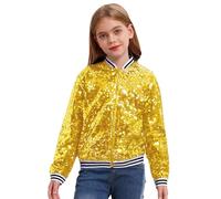 Fldy Chaqueta de lentejuelas metalizada para niños y niñas, chaqueta bomber con cremallera, para carnaval, fiesta, danza callejera, ouftit, chaqueta casual, dorado, 134-140