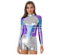 Fldy Disfraz de alienígena para mujer, color plateado metálico, mono, corto, Halloween, carnaval, robot, cosplay, color plateado, talla 3XL