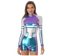 Fldy Disfraz de alienígena para mujer, color plateado metálico, mono, corto, Halloween, carnaval, robot, cosplay, color azul, talla 3XL