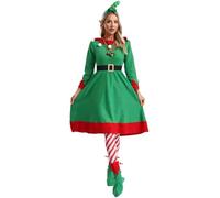 Fldy Disfraz de elfo de Navidad para mujer, vestido de duende con orejas de elfo, diadema, zapatos de elfo, medias, cascabeles, cinturón para adultos, carnaval, disfraz de Navidad, color rojo, S
