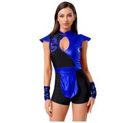 Fldy Disfraz de ninja para mujer, uniforme de luchador, con purpurina, juego de bodysuir para Halloween, carnaval, noche de carnaval, fiesta temática, color azul real, S