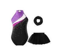 Fldy Maillot de ballet para niña, sin mangas, brillantes, estrás, gimnasia, danza, falda, juego de ballet, ropa de danza, ropa de patinaje sobre hielo, Púrpura_A, 134-140