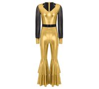 Fldy Mono metálico para mujer de los años 70, traje de discoteca, de malla, manga larga, con bofetada, para fiestas, jazz, danza, disfraz, dorado, XL