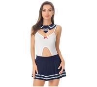 Fldy Mujer Colegiala Lencería Sailor Uniform Japón Anime Cosplay Minifalda Bodysuit Sexy Ropa Interior Conjunto Azul Marino S