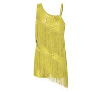 Fldy Vestido de baile para niña con lentejuelas brillantes y borla, vestido de latin, traje de ballet, leotard, tango, jazz, ballroom, vestimenta de baile latino, dorado, 134-140