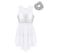 Fldy Vestido de danza para niña con lentejuelas, ballet, leotardo sin mangas, irregular, falda de patinaje sobre hielo, ropa de danza lírica, tallas 92-164, Blanco_a&goma para el pelo, 122-128