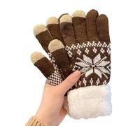 Fleece Lined Thermal Touchscreen Gloves, Women's Knit Warm gloves, Snow Flower and Elk Pattern, for Cold Winter (Snow-Khaki)