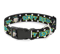 Fleischer Studios, Inc. Collar para Mascotas, Collar de Perro, Hebilla de plástico, Betty Boop, Motero, Betty Winking Text Dot Negro, Blanco y Azul, 8.5 a 12 Pulgadas, 0.5 Pulgadas de Ancho