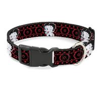 Fleischer Studios, Inc. Collar para Mascotas, Collar de Perro, Hebilla de plástico, Betty Boop Winking Kiss Pose XOXO Text Polka Dot Negro Rojo, 16 a 23 Pulgadas 1.5 Pulgadas de Ancho