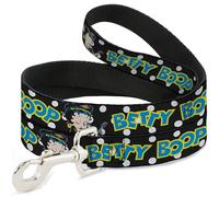 Fleischer Studios, Inc. Correa para Mascotas, Correa para Perro, Betty Boop Biker Betty Winking Text Dot Negro, Blanco y Azul, 4 pies de Largo 1.5 Pulgadas de Ancho