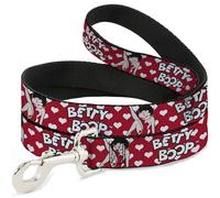 Fleischer Studios, Inc. Correa para Mascotas, Correa para Perro, Betty Boop, Pierna sentada, Patada, Postura, Texto, Corazones, Rojo, Blanco, Negro, 4 pies de Largo, 1.5 Pulgadas de Ancho