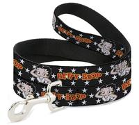 Fleischer Studios, Inc. Correa para Mascotas, Correa para Perro, Betty Boop Salute Pose y Texto Estrellas Negro, Blanco, Amarillo, Rojo, 4 pies de Largo 1.5 Pulgadas de Ancho