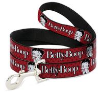 Fleischer Studios, Inc. - Correa para Mascotas, Correa para Perro, Betty Boop Winking Kiss Pose y Texto Rojo, Negro y Blanco, 6 pies de Largo 1.5 Pulgadas de Ancho