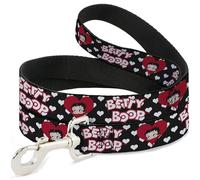Fleischer Studios, Inc. Correa para Mascotas, Correa para Perro, Cara de Betty Boop, Corazones de Texto Negro, Blanco y Rojo, 4 pies de Largo 1.5 Pulgadas de Ancho