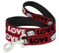 Fleischer Studios, Inc. Correa para Mascotas, Correa para Perro, Cara de Betty Boop y Texto de Amor, Rojo, Negro y Blanco, 4 pies de Largo y 0.5 Pulgadas de Ancho