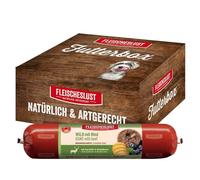 Fleischeslust Salchichas para perros, caza y ternera con patatas y arándanos, 6 x 800 g, comida húmeda, resistente a los cortes, sin cereales, pienso completo para perros adultos