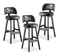 FLEPYHB Taburetes de Bar de Cocina, taburetes de Bar Modernos, taburetes de Bar tapizados de Piel sintética con Respaldo, Patas de Madera Maciza, sillas de mostrador de Cocina, Juego de 3 Negro + ne