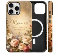 flewfun Funda magnética para iPhone 13 Pro, bonita funda cristiana para teléfono, Matthew 11 28, Jesús Fe floral, a prueba de golpes, delgada TPU y policarbonato duro, funda protectora compatible con