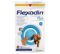 Flexadin Plus Mini 30 comprimidos masticables perro y gato. Ayuda a las articulaciones. Contiene glucosamina, condroitina, acidos grasos y vitamina E. Ayuda a mantener la salud articular