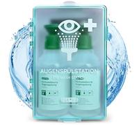 FLEXEO Estación de lavado de ojos con 2 x 500 ml de solución salina y soporte de pared | lavado de ojos, ducha ocular, estación de lavado de ojos | solución de lavado de ojos estéril NaCl 0,9%