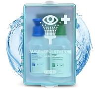 FLEXEO Estación de lavado de ojos, incluye (1 x 500 ml de solución salina de NaCl + 1 x 250 ml de solución tampón de fosfato) con soporte de pared, lavado de ojos, solución de lavado de ojos estéril