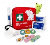FLEXEO Juego de primeros auxilios para niños, 76 piezas, incluye gel incendiario, pinzas para garrapatas, tiritas, marioneta de dedo y pegatinas de valentía, bolsa de primeros auxilios para bebé, niño