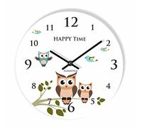 FLEXISTYLE Moderno Reloj de Pared para niños búho 2 30 cm, silencioso, Ovalado, habitación para niños, Escuela, guardería