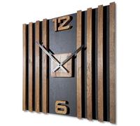 FLEXISTYLE Reloj de pared grande con listones de madera, 60 cm, aspecto de madera, color negro, roble 3D, moderno, sin tictac, sala de estar (negro/marrón)