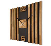 FLEXISTYLE Reloj de Pared Grande de Madera con Listones SQ, 60 cm, Aspecto de Madera, Color Negro, Roble 3D, Moderno, sin tictac, para salón, Color Negro y Roble