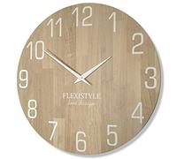 FLEXISTYLE Reloj de Pared Natural, diámetro 100% Madera de Roble, Moderno, salón, sin Ruido de tictac, 50 cm, Color Blanco