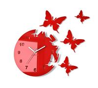 FLEXISTYLE Reloj de Pared Redondo Mariposas Rojo 30 cm habitacion de Salon Estilo Moderno 3D silencioso