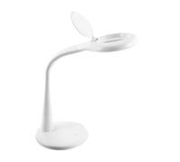 Flexo LED 8W 595lm 5000K con lupa, regulable, plegable, orientable y táctil, ideal para lectura y tareas de precisión.