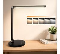 Flexo LED de Escritorio con Control Táctil Inteligente - 10 Niveles de Brillo y 5 Modos de Color - Temporizador 30/45 min y Luz Nocturna - Carga USB-C y USB-A - CRI 80+ y Cabezal Metálico Plegable