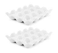 Flexzion Bandeja de cerámica para huevos de 12 tazas, soporte para huevos de porcelana, organizador de almacenamiento, soporte decorativo para servir, vajilla para refrigerador, mostrador, paquete de