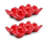Flexzion Bandeja para huevos de cerámica, capacidad para 6 huevos, media docena de soportes, cuenco decorativo rojo y organizador de almacenamiento, 2 unidades