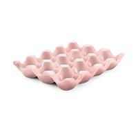 Flexzion Bandeja para huevos de cerámica para 12 huevos, soporte para huevos de porcelana, organizador de almacenamiento, soporte decorativo para frigorífico, encimera, cocina (rosa)