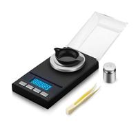 Flexzion Báscula digital de miligramos 0.001g a 50g, Escala de precisión portátil con plato de pesaje, pinzas, luz de fondo, calibración de peso de 50g, 2 pilas AAA y recipiente contenedor