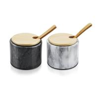 Flexzion Bodega de sal de mármol con tapa y cuchara, cuencos de sal y pimienta con almohadilla antideslizante, soporte de caja de almacenamiento de mármol para pimentón, hierbas, joyas (juego de 2