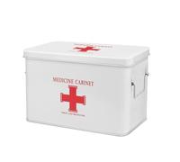 Flexzion Botiquín de primeros auxilios - Organizador de suministros de caja de medicina - 13 pulgadas de metal blanco lata de almacenamiento médico estuche duro con bandeja extraíble Cruz roja